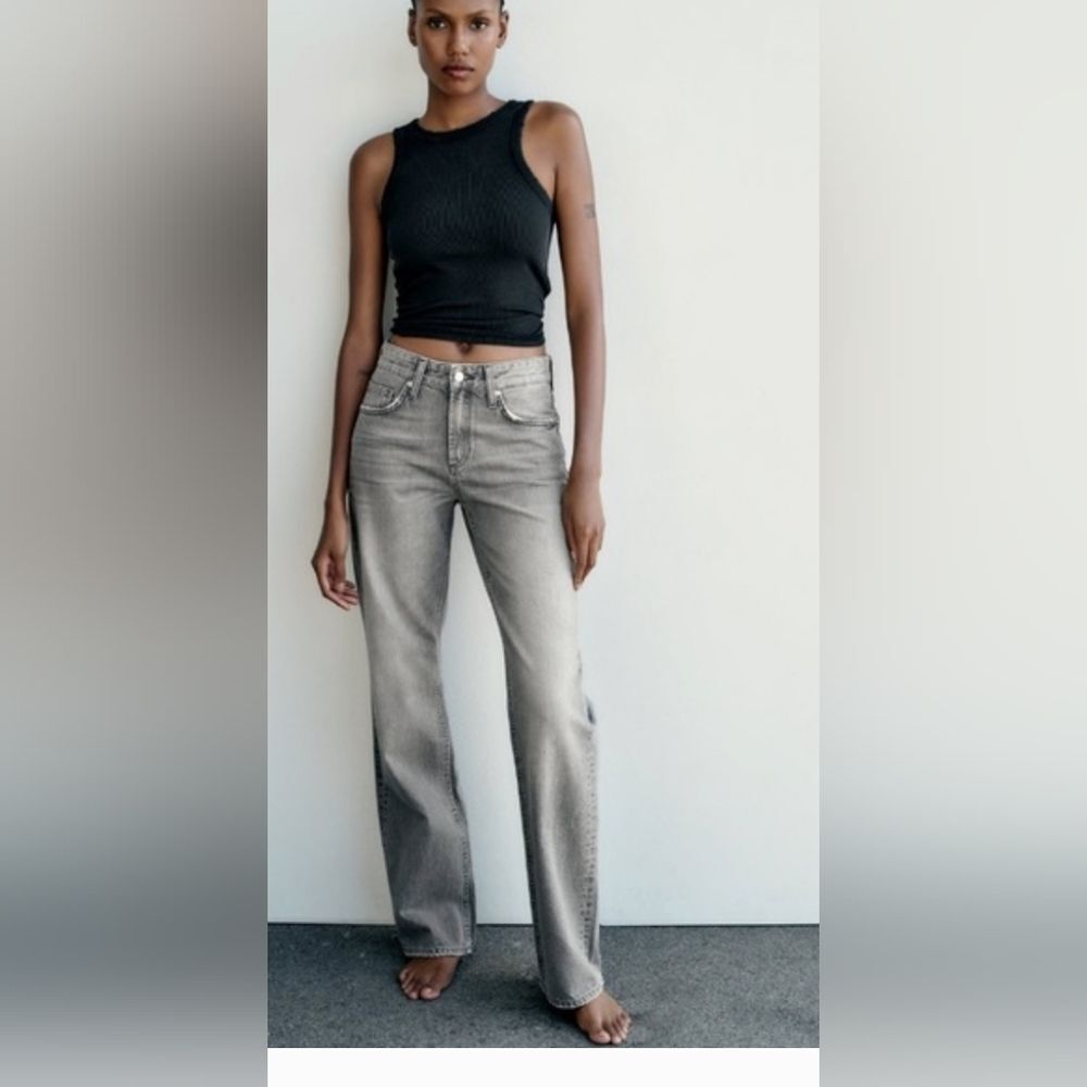Zara Wide Leg Mid Rise Full Length Light Gray Straight Relaxed Jeans Sz 4 Retro